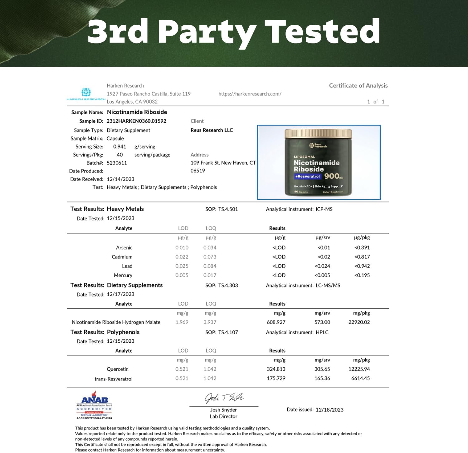 Reus Research NR900 - NAD+ Supplement for Skin Aging Support, Energy, and Focus - 80